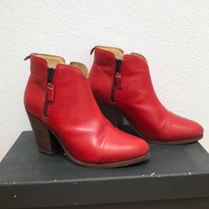 Red Leather Women's Ankle Boots with Block Heel